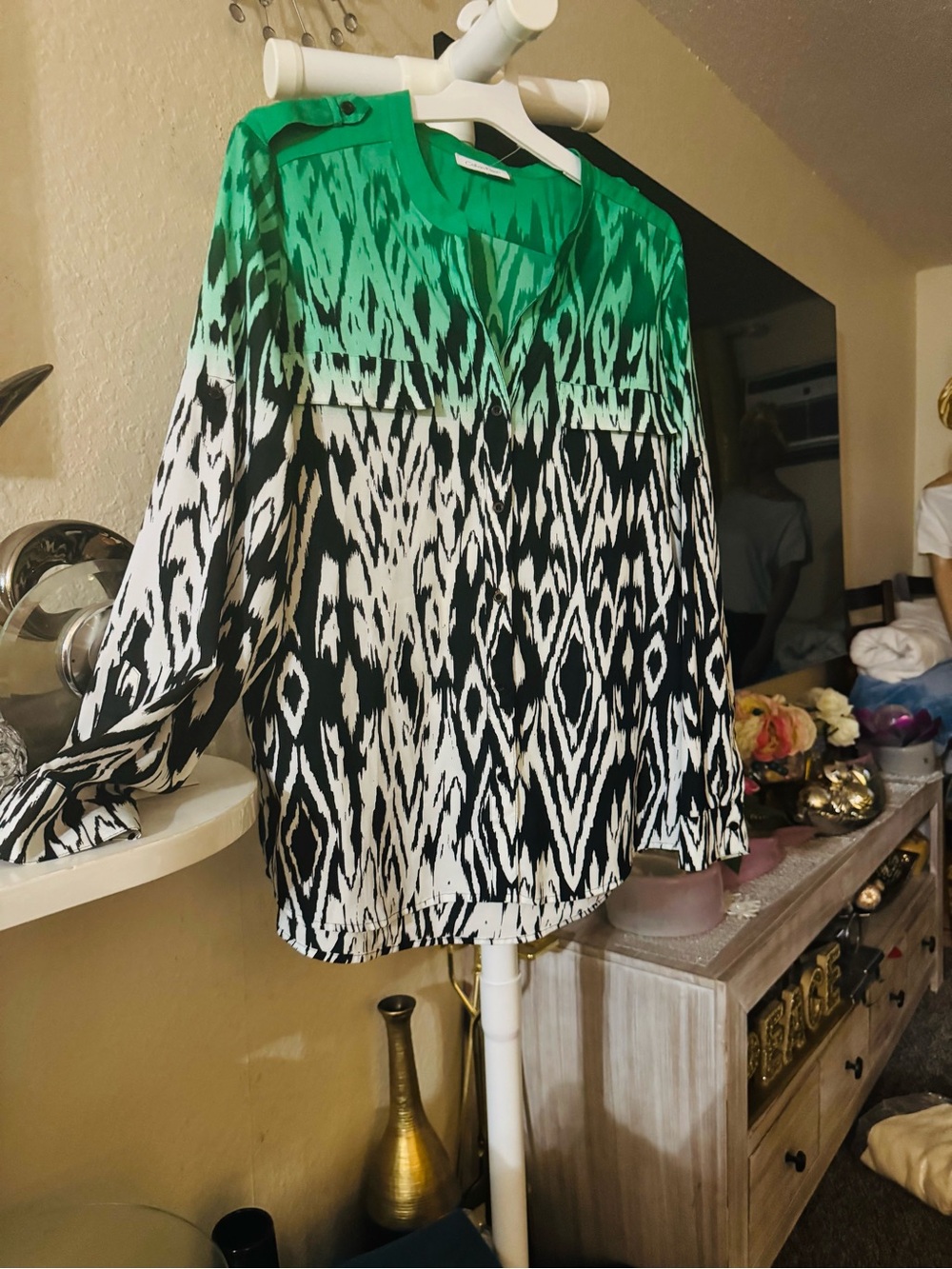 Calvin Klein Green Ombre Ikat Print Blouse